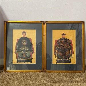 Vintage A Pair of Glass Framed Chinese Ancestor Portraits in Gold Frame